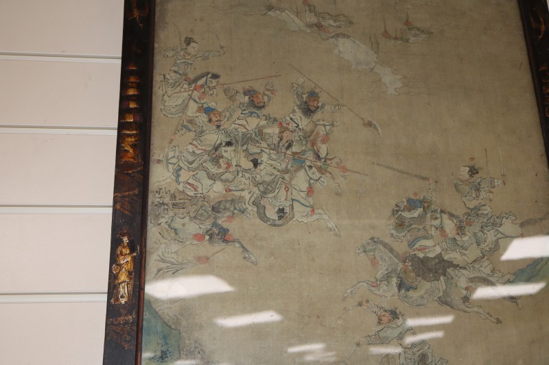 19th century Chinese School, ink and watercolour, Battle scene, 58 x 46cm